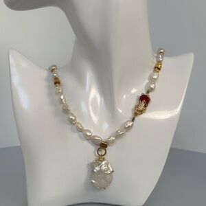 freshwater Pearl and Gold Necklace with Red Detail​​​​​​​
